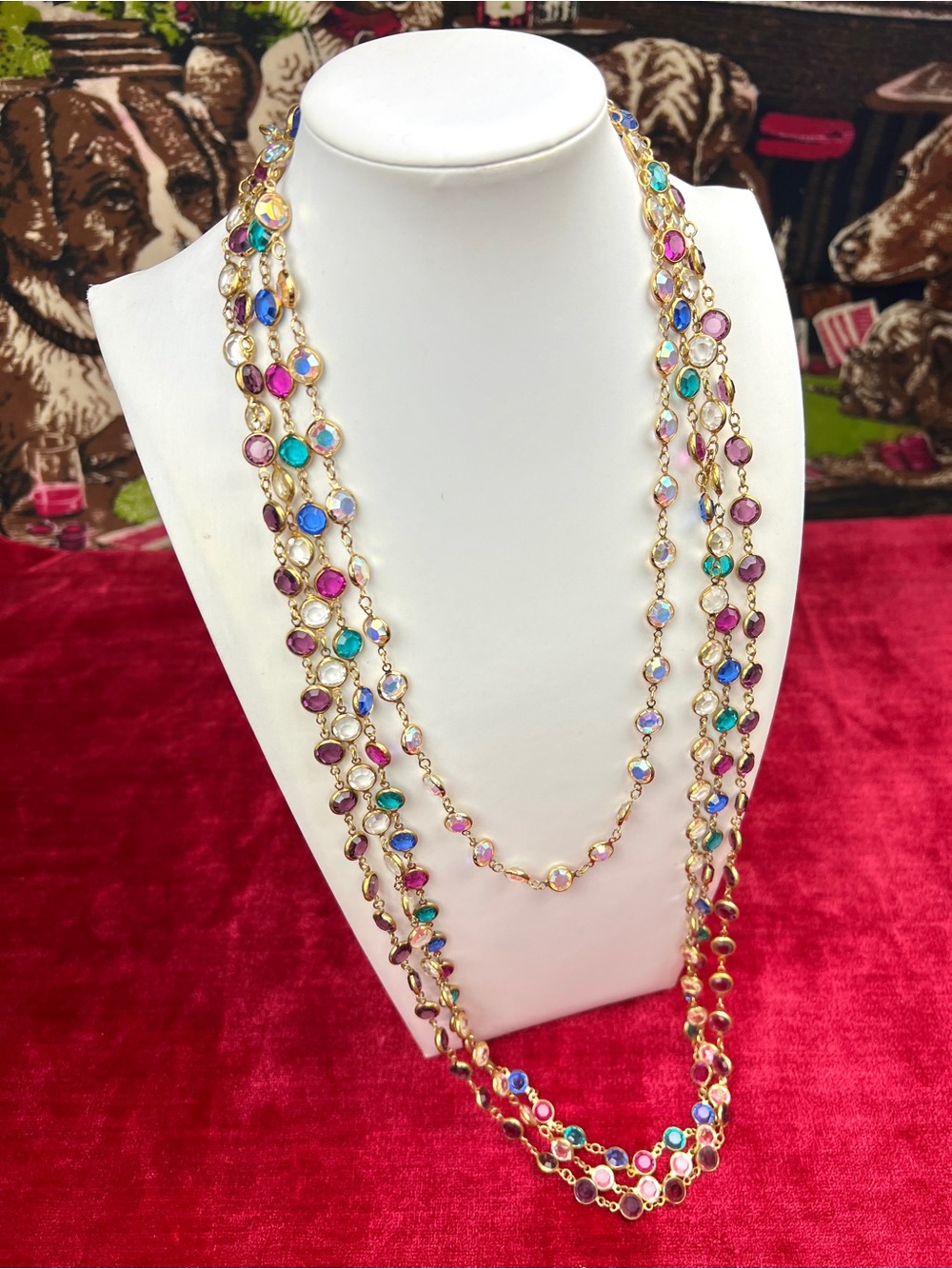 Vintage Swarovski AB Crystal Coin Necklace, Gold Tone Bezel Set, 24” SIGNED - Picture 5 of 5